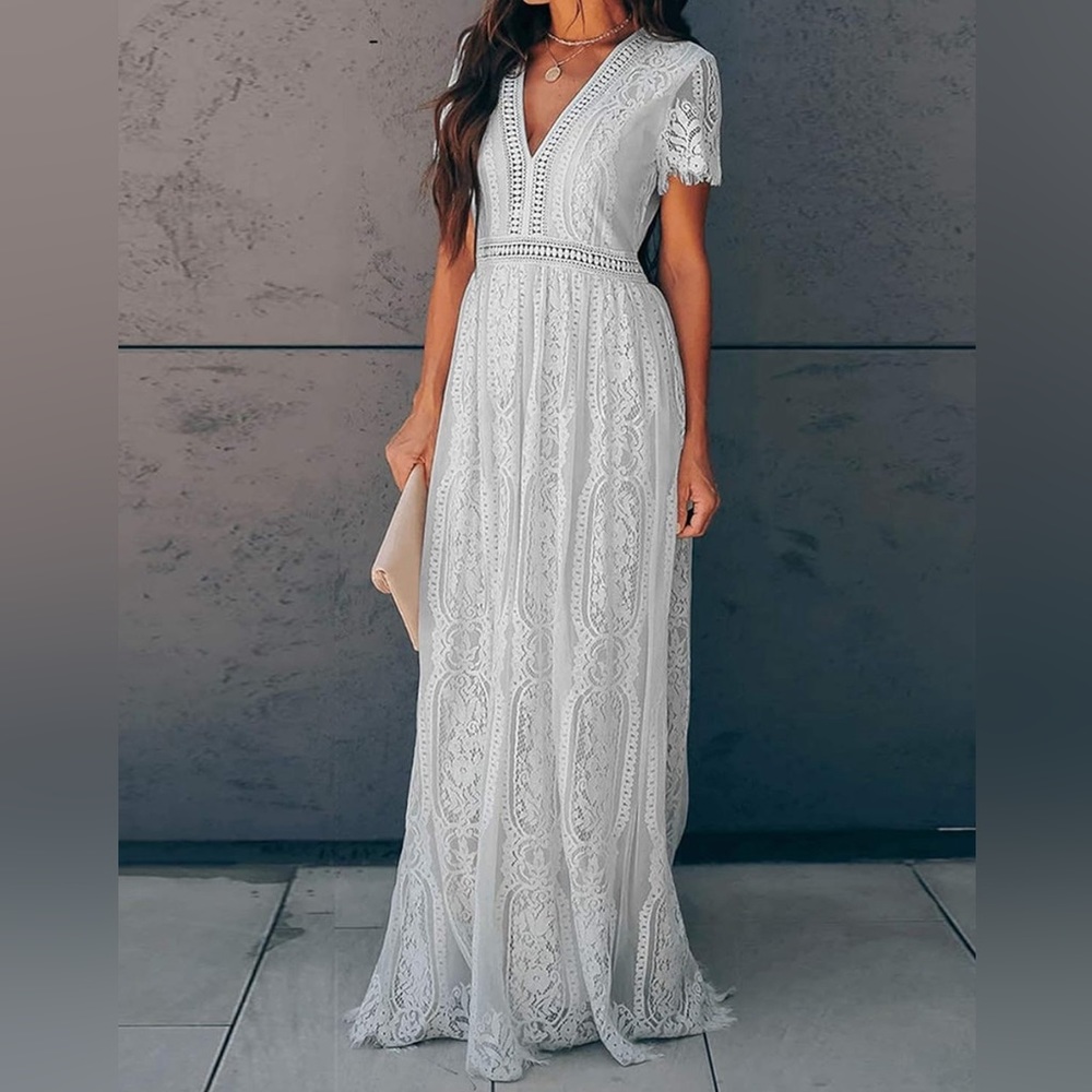 Ecosunny Women's Deep V Neck Short Sleeve Floral Lace Maxi Dress Party Gown